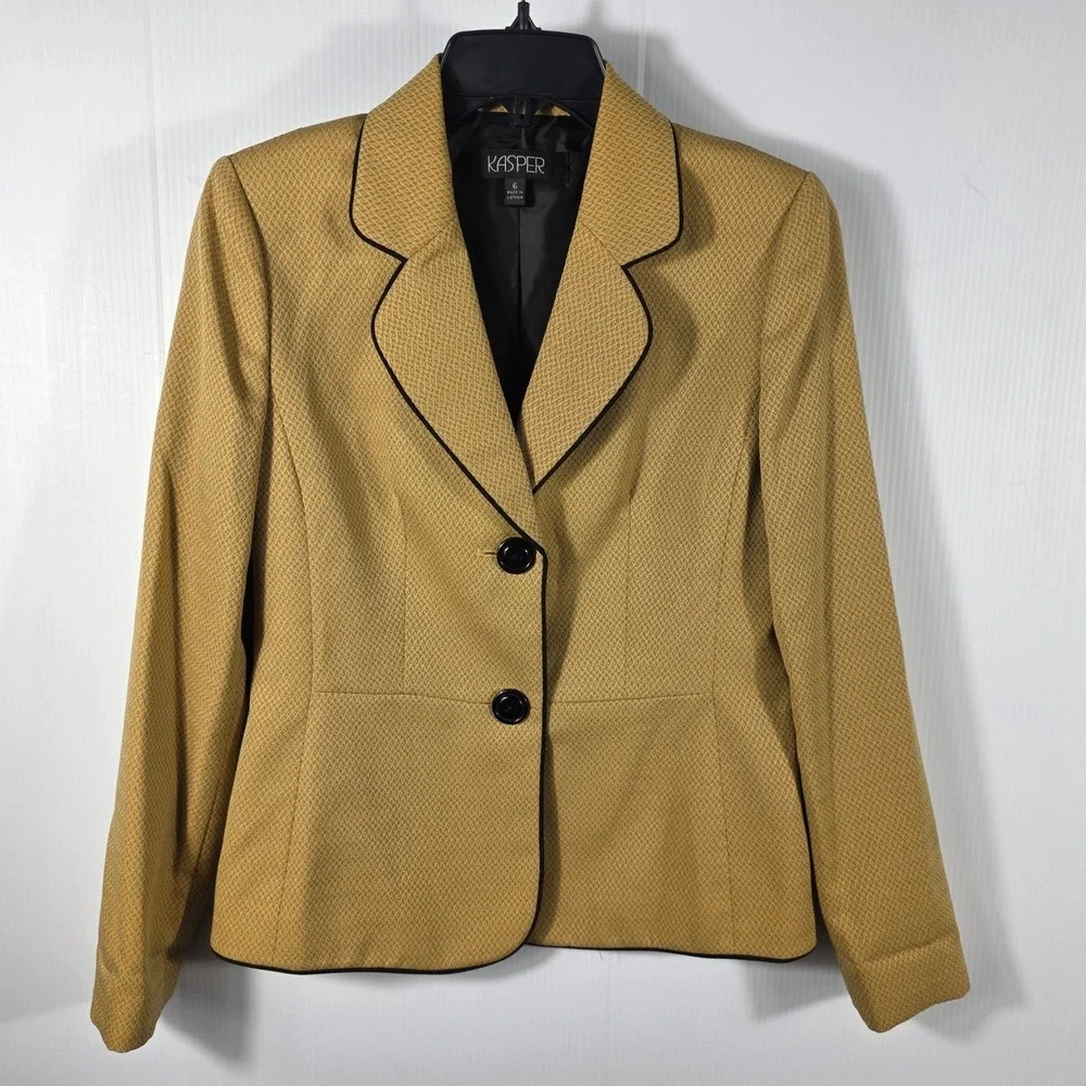Kasper Womens Mustard Yellow Textured Blazer Black Piping Size 6 Professional